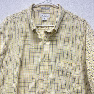 Paul Fredrick Easy Care Sport Shirt 100% Cotton Yellow Navy Blue Plaid L XXL 2XL